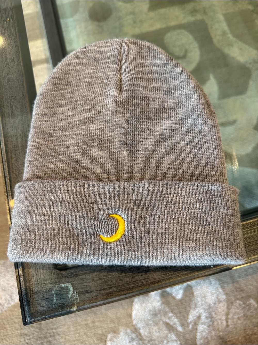 Grey Knit Beanie with Yellow Moon Embroidery